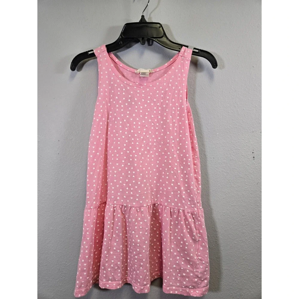 H&M Heart Print Pink Sleeveless Drop Waist Ruffle Organic Cotton Dress 6-8Y